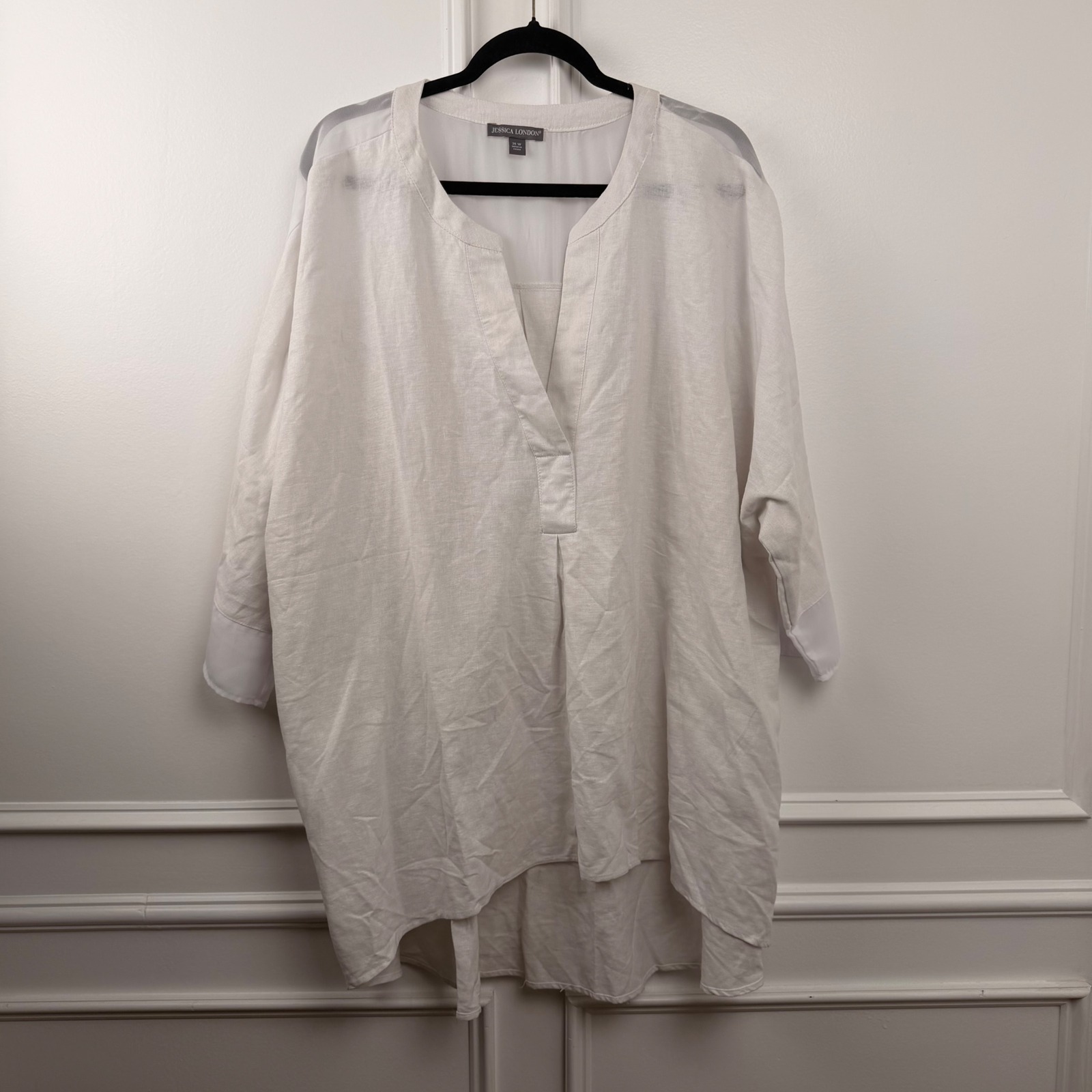 Jessica London White Linen Blend Sheer Trim V-Neck Tunic Top Plus Size 26w